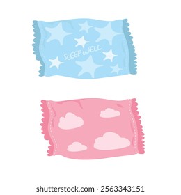 Pink and blue baby pillow vector illustration in cartoon style. Newborn pillow in rectangle shape with star and cloud pattern. Baby product, baby element clipart in flat design isolated on white.