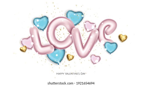 Pink and blue balloons in shape of hearts, pink metal text love. Valentine s Day Background.