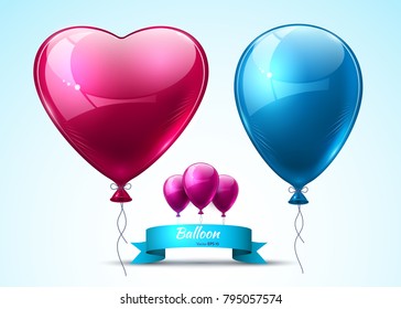Pink and blue balloons Vector. Heart shape shinny detailed balloons