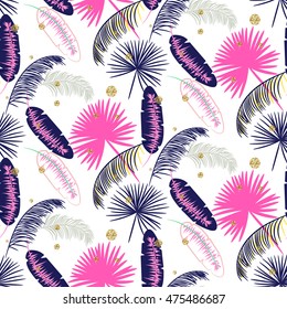 Pink and blue banana palm leaves seamless vector pattern on white background. Tropical banana jungle leaf. Glitter dots.