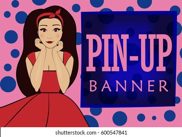 pink and blue banner with space for text in the style of pin-up . Funny brunette woman or girl in a red dress.