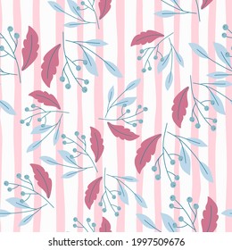 Pink and blue berries and leaves seamless pattern in random style. Pink and white striped background. Great for fabric design, textile print, wrapping, cover. Vector illustration.