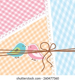 Pink and blue birdies are represented on the striped background. Flat image of vector