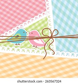Pink and blue birdies are represented on the striped background. Flat image of vector