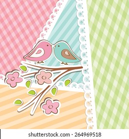 Pink and blue birdies are represented on the striped background. Flat image of vector