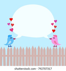 Pink and Blue Birds On Fence with Hearts and Speech Bubble ober blue sky, stock vector illustration