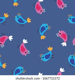Pink and blue birds pattern background. Seamless pattern colored birds on blue background