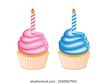 Pink and blue birthday cupcake with candle vector illustration. Pink and blue creamy cupcakes icon set vector isolated on a white background. Birthday cupcake with burning candle drawing