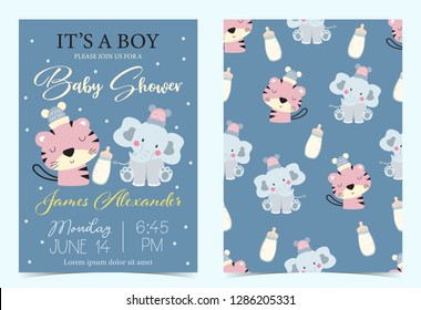 Pink blue birthday invitation with elephant,bottle,milk and tiger