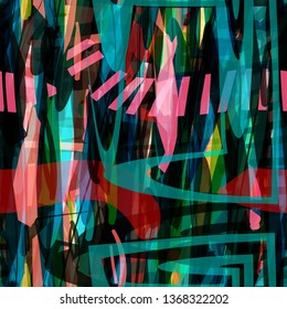 Pink, blue, black, green seamless texture with stripes. Abstract vector background.