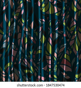 Pink, blue, black seamless texture with floral elements and stripes. Abstract vector background for web page, banners backdrop, fabric, home decor, wrapping
