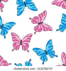 Pink and blue butterflies on white background. Vector seamless pattern. Cartoon flat illustration.