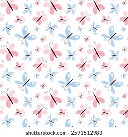 Pink and blue butterflies seamless pattern. Childrens cute pattern, vector flat illustrations, background