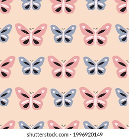 Pink and blue butterfly geometric striped pattern on tan background