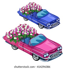 Pink and blue cabriolet filled with roses. A gift for the wedding. Vector illustration.
