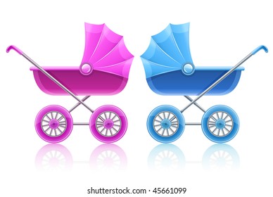 pink and blue carriages for baby transportation - vector illustration