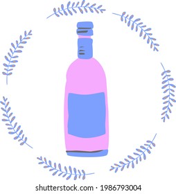 pink and blue cartoon wine bottle decorated with branches wreath vector illustration
