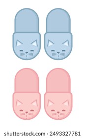 Pink and blue cat slippers. House slippers with cat face. Vector illustration