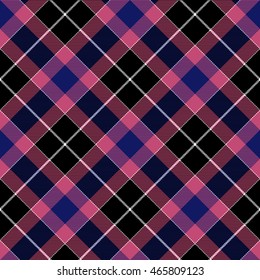 Pink blue check plaid seamless diagonal fabric texture. Vector illustration. EPS10.