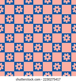 Pink and blue checkerboard seamless pattern with flowers