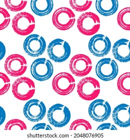 Pink blue circle tings vector seamless pattern for wrapping paper, textile fabric print, interior decor. Round brush stroke shapes on white.