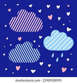 Pink and blue clouds with hearts flat color vector illustration
