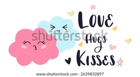 Pink and blue clouds with kawaii faces kissing and winking, surrounded by hearts and stars, convey feelings of love, hugs, and kisses in a cheerful and whimsical design