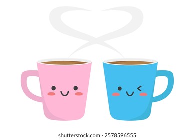 Pink and blue coffee mugs. Kawaii style. Isolated on white background. Vector illustration.	
