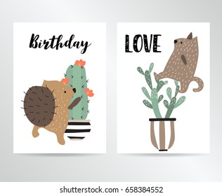 Pink blue pink collection for banners,Placards with cactus and porcupine