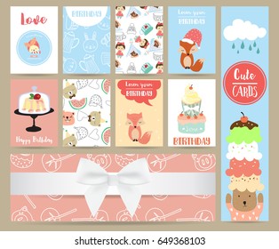 Pink blue pink collection for banners,Placards with cat,fox,bear,cake and ice cream