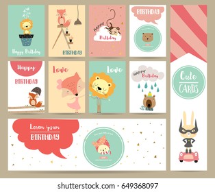 Pink blue pink collection for banners,Placards with rabbit,fox,lion,bear and monkey