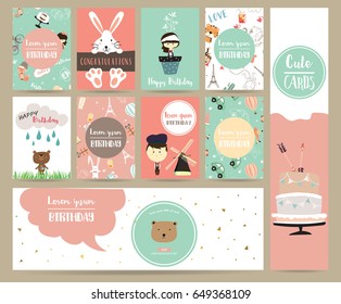 Pink blue pink collection for banners,Placards with rabbit,girl,boy,bear,house,cake and car