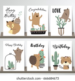 Pink blue pink collection for banners,Placards with tiger,fox,bear,cactus and porcupine