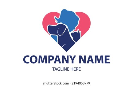 Pink and Blue Color Animal cat and Dog Woman with Love Logo Design