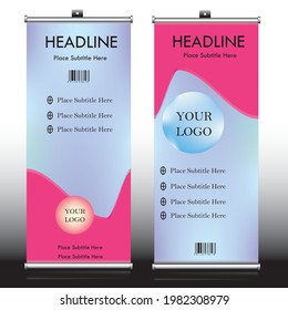 Pink blue color rollup banner template design, CMYK color rollup banner template with dummy text, mockup and, dummy icons,  Roller Banners or Pull Up Banners, with editable mockup stand.