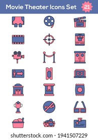 Pink And Blue Color Set of Movie Theater Icon In Flat Style.