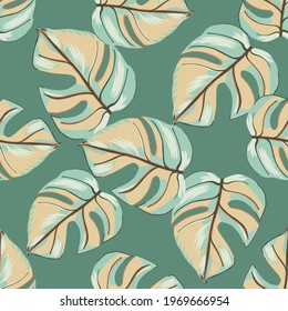 Pink and blue colored hand drawn monstera shapes seamless doodle pattern. Turquoise background. Great for fabric design, textile print, wrapping, cover. Vector illustration.