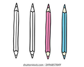 Pink and blue colored pencils for art drawing in black isolated on white background. Hand drawn vector sketch illustration in doodle engraved vintage line art style. Coloring book for children.