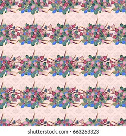 In pink and blue colors seamless background pattern with tropical leaves and flowers in pink and blue colors.