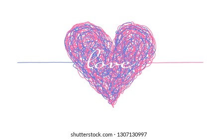 Pink and blue complicated lined heart, mess of two colors, chaos of feelings concept. Love symbol of two people connection for Valentines greeting card design, banner decoration