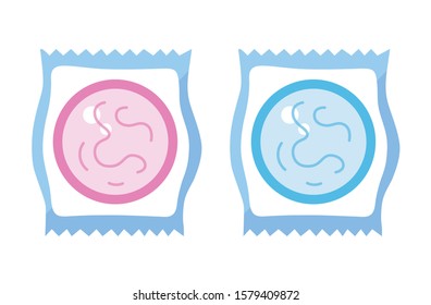 Pink and blue condom package isolated icon cartoon flat vector