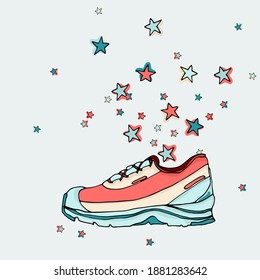 pink and blue converses, from which the stars fly. Vector illustration.