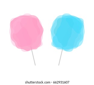 Pink and blue cotton candy isolated on white background. Set of two transparent candy floss on grey stick.
