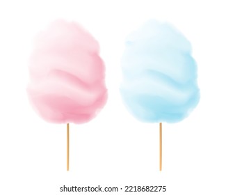 Pink and blue cotton candy. Sweet confectionery candy on stick with bright flavor for carnival fairs and vector holidays