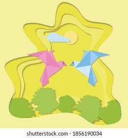 Pink And Blue Couple birds fly On yellow Background, Back to nature, Ecology clean world, Environment friendly, freedom, ecological concepts, Paper art vector