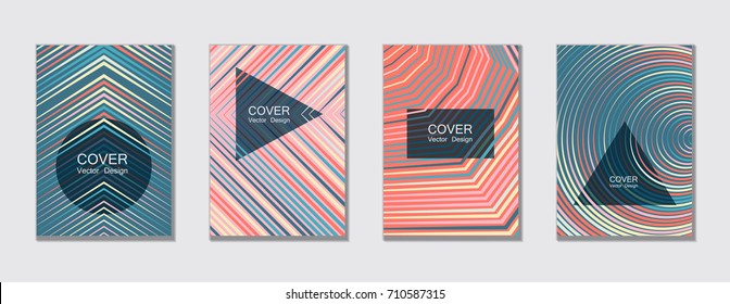Pink and blue cover templates for poster, booklet, brochure, banner with geometric shape, halftone lines pattern. Trendy vector brochure templates set, minimal line geometric backgrounds, tech covers.