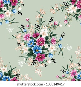 pink blue and cream vector flowers with green leaves bunches pattern on green background