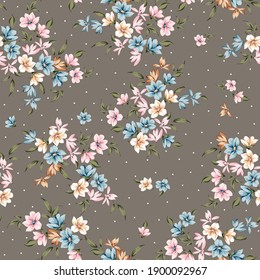 pink blue and cream vector small flowers with green leaves pattern on retro grey background