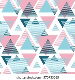 Pink and blue creative repeatable motif with triangles for wrapping paper or fabric. funky background with lines in 80s or 90s fashion style. Abstract summer geometric seamless pattern. 