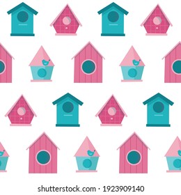 Pink and blue cute birdhouses and birds in Spring or Summer time. Vector seamless pattern for wallpaper, textile, banners